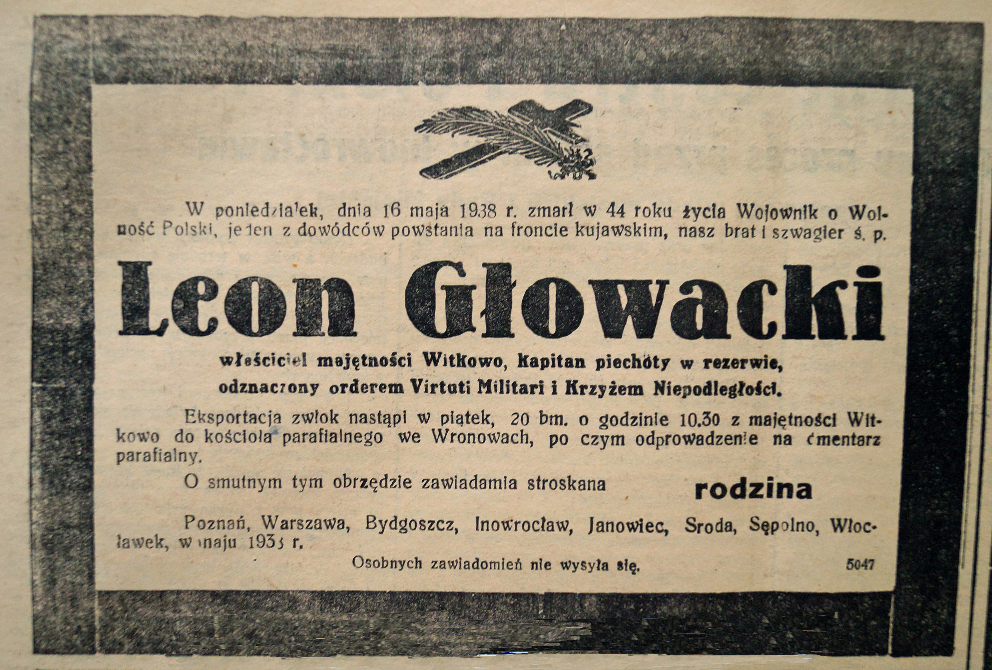 Nekrolog Leona Głowackiego zm. 16 V 1938 r. Źródło: "Dziennik Kujawski" z 19 V 1938 r.