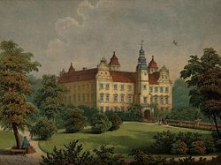 Niemodlin, pow. opolski, zamek Fryderyka II Praschmy.
Wg A. Duncker, Die ländlichen Wohnsitze, Schlösser und Residenzen der ...