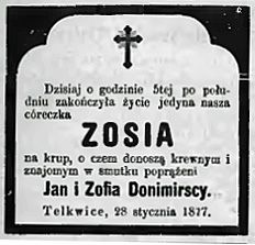 Nekrolog Zofii Donimirskiej zm. 30 I 1876 r. w Telkwicach. Źródło: "Gazeta Toruńska", nr 23 z 30 I 1876 r., s. 4.